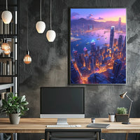 Futuristic Cityscape Poster: Neon Harbor at Dusk