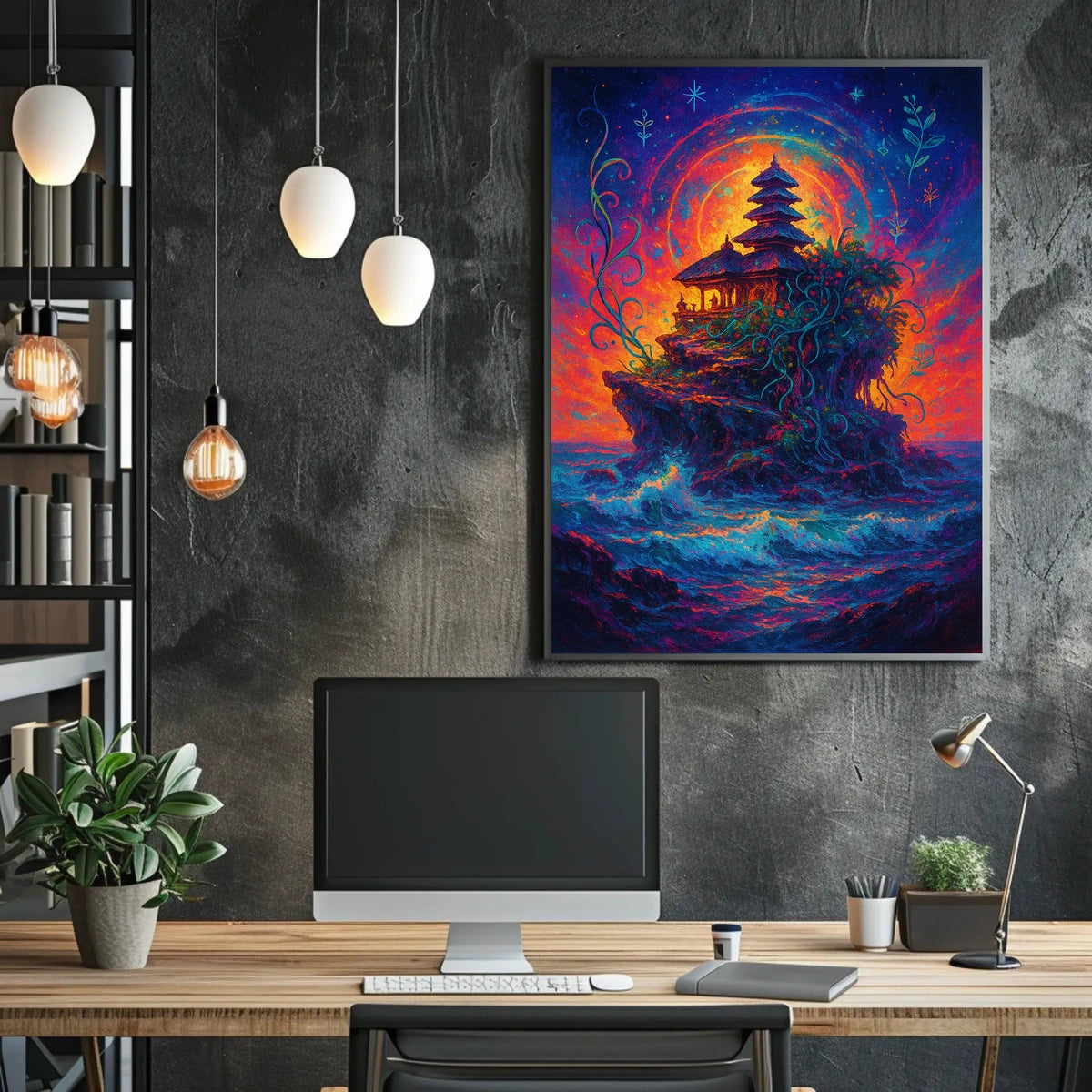 Mystical Temple on Cosmic Island Fantasy Poster