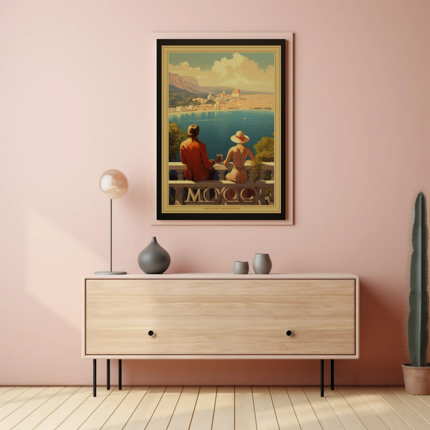 Romantic Coastal City Balcony Couple View Sunset Travel Poster