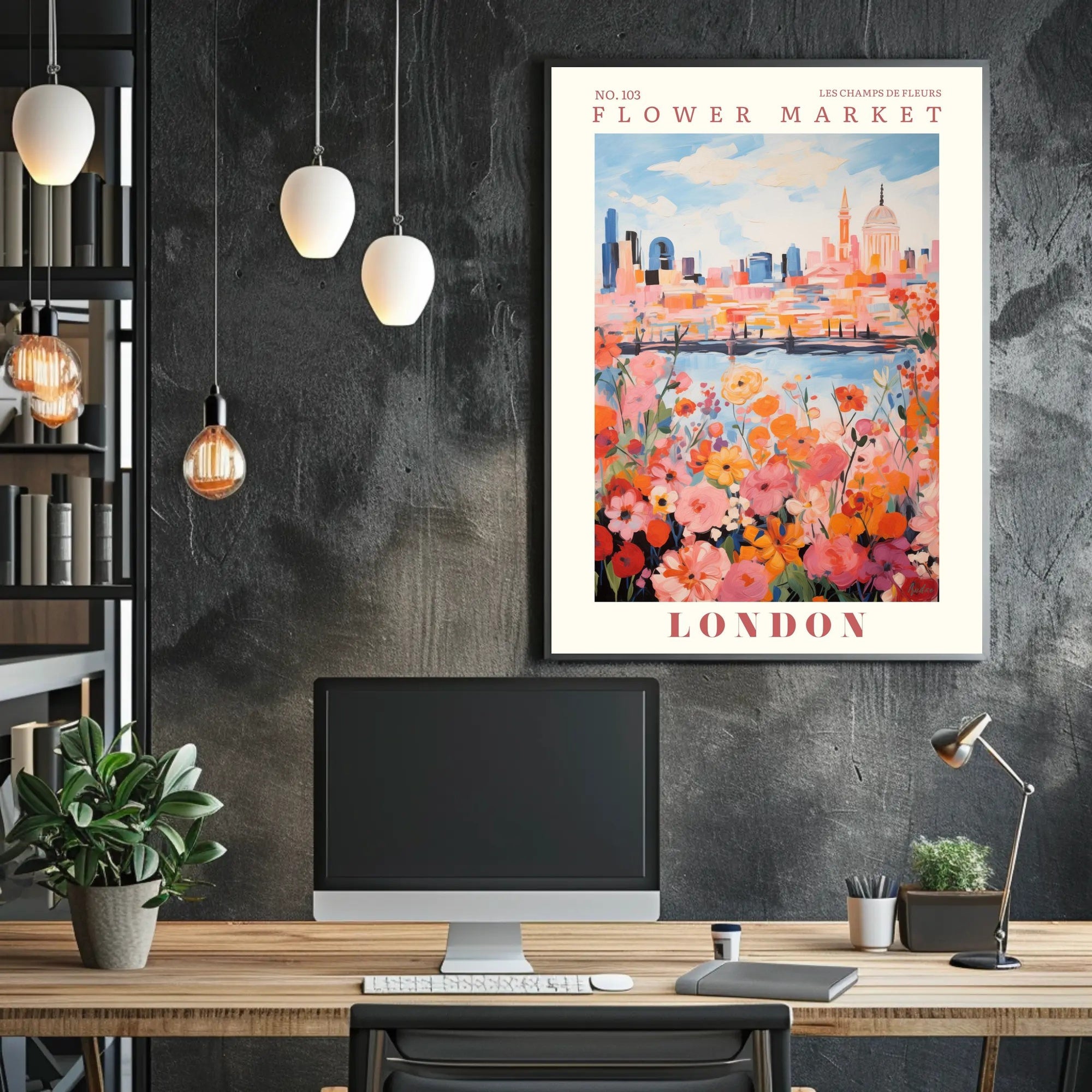 London Flower Market: Vibrant Blooms Against Iconic Skyline Poster