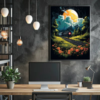 Moonlit Journey Vintage Train Surrealism Floral Meadow Night Travel Nostalgic Romance Poster