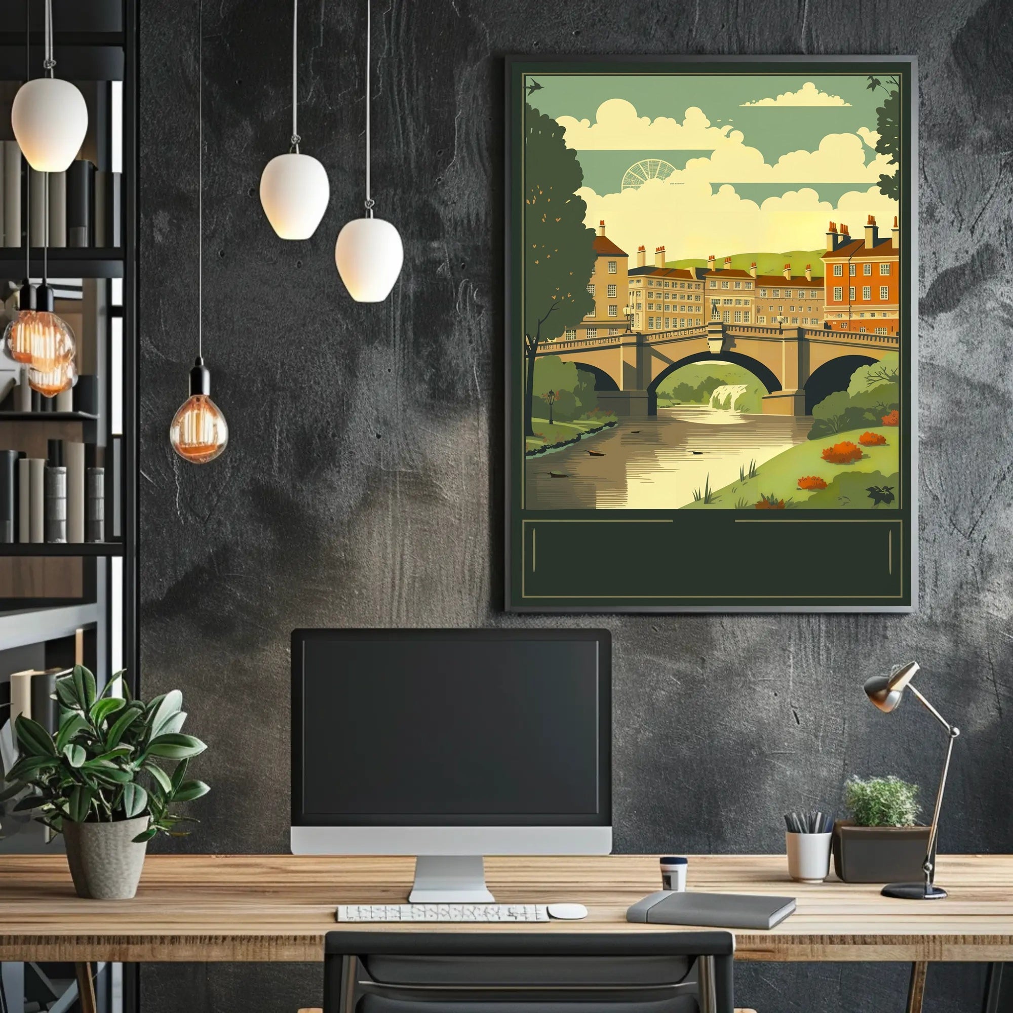Serene Riverside Townscape Poster