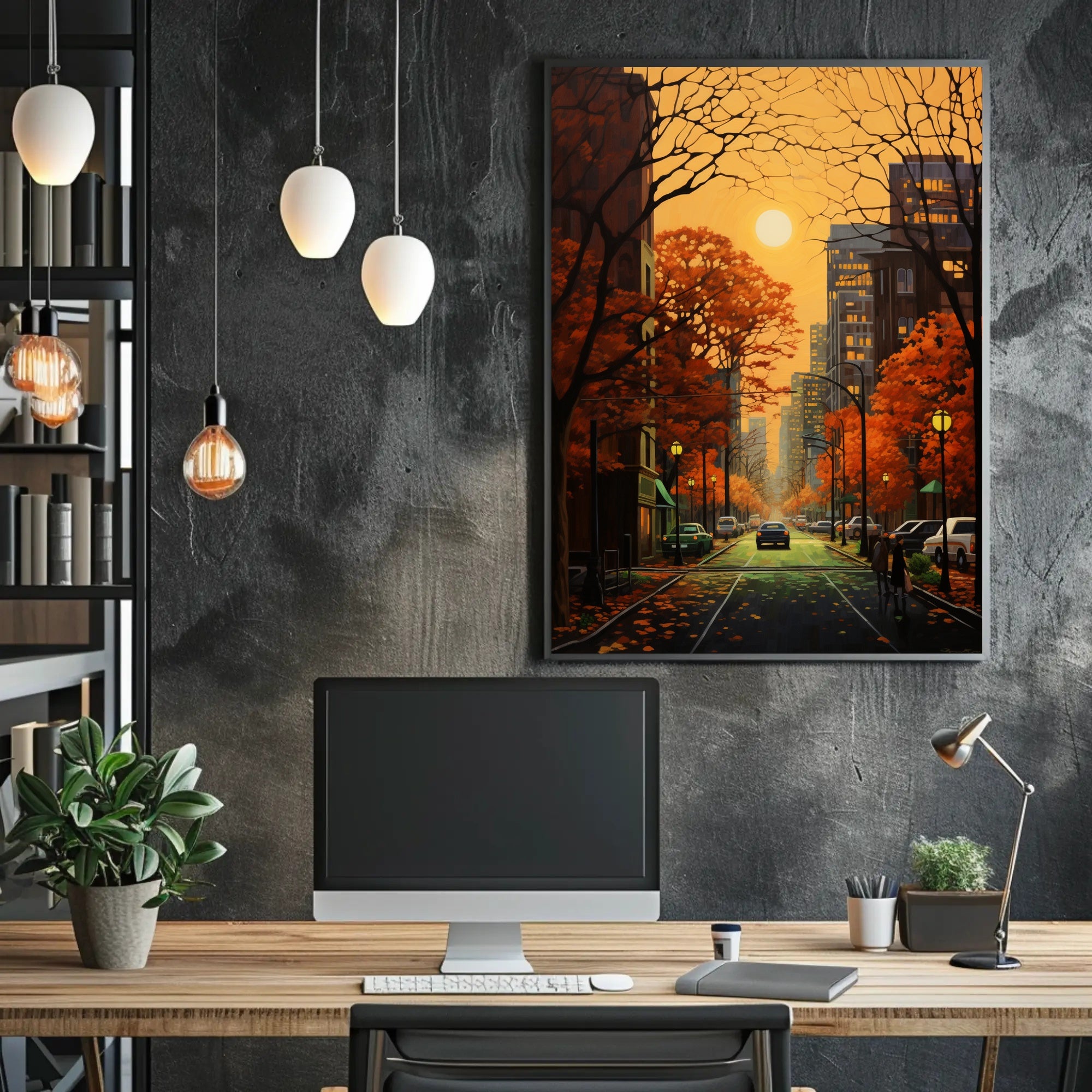 Autumn Urban Cityscape in Vibrant Colors - Artistic Poster