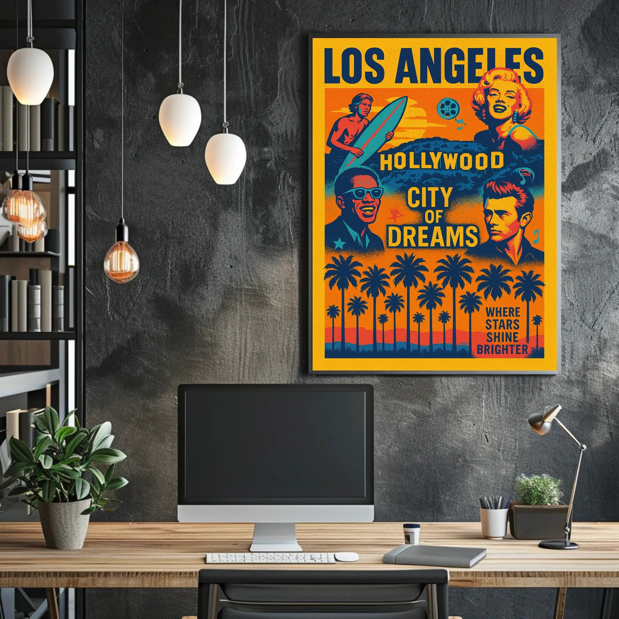 The poster is a vibrant tribute to Los Angeles, specifically highlighting Hollywood as Travel Poster
