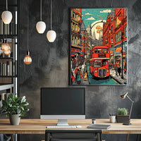 Vibrant Cityscape with Red Bus Poster