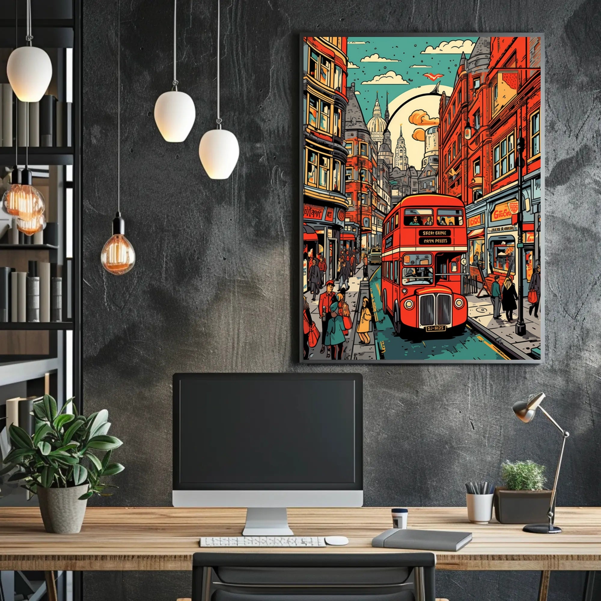 Vibrant Cityscape with Red Bus Poster