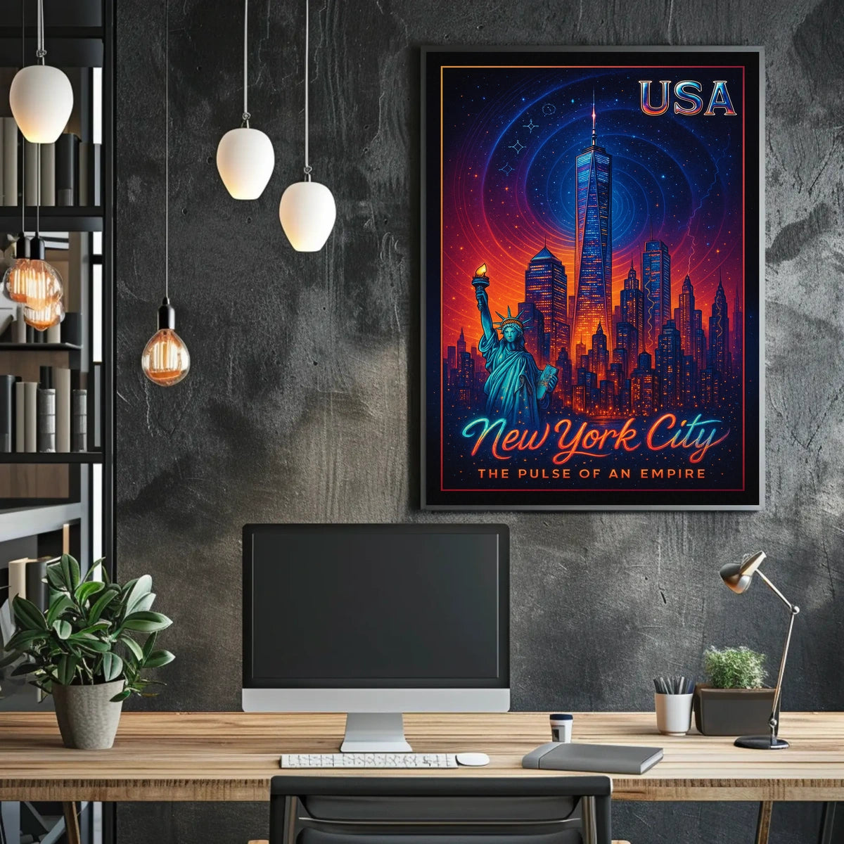 New York City Skyline Neon Night Poster Retro Wall Art
