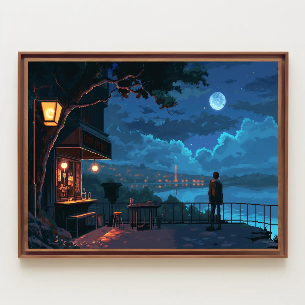 Moonlit Terrace: Pixel Art Nightscape Poster