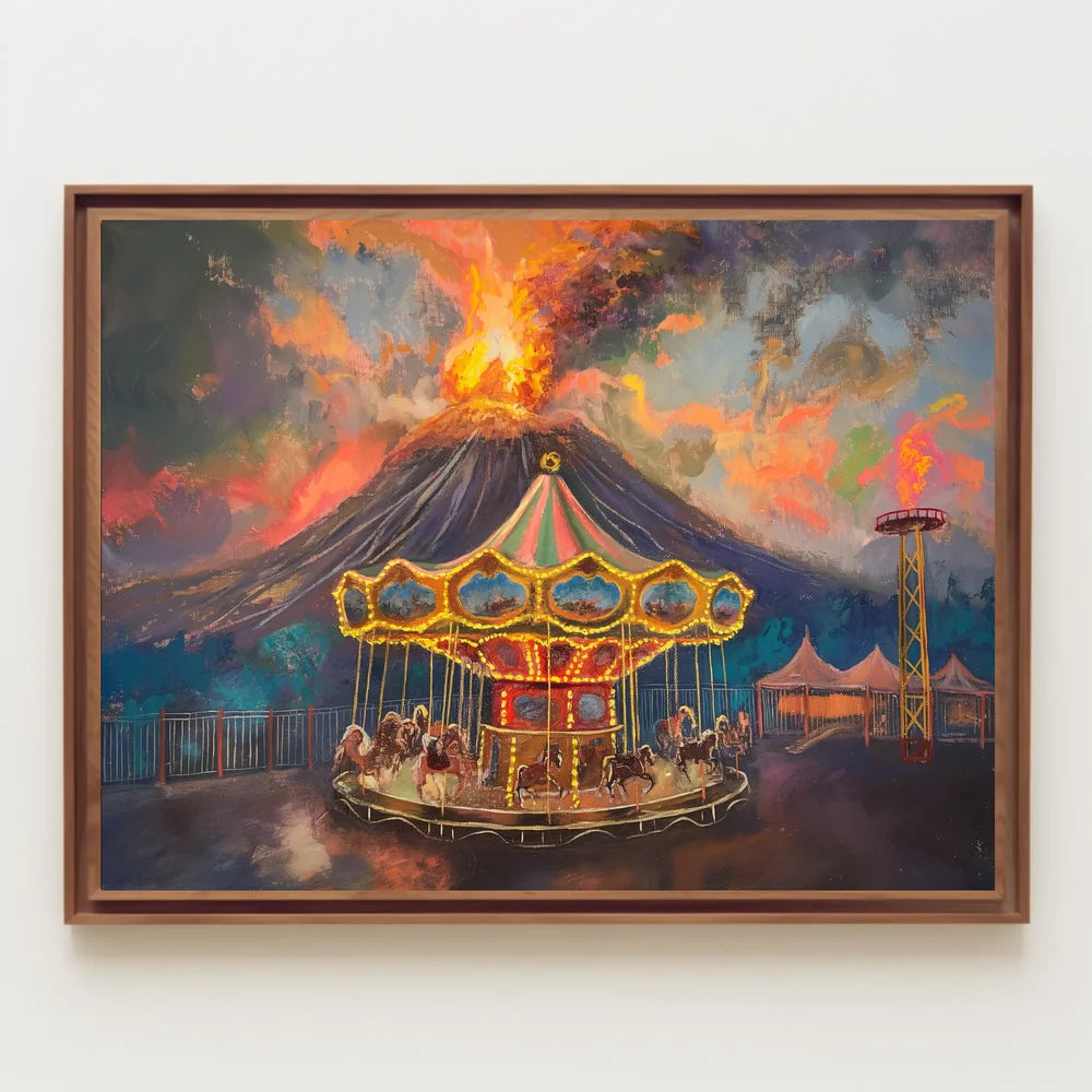 Surreal Carousel and Volcano Imaginative Art Poster