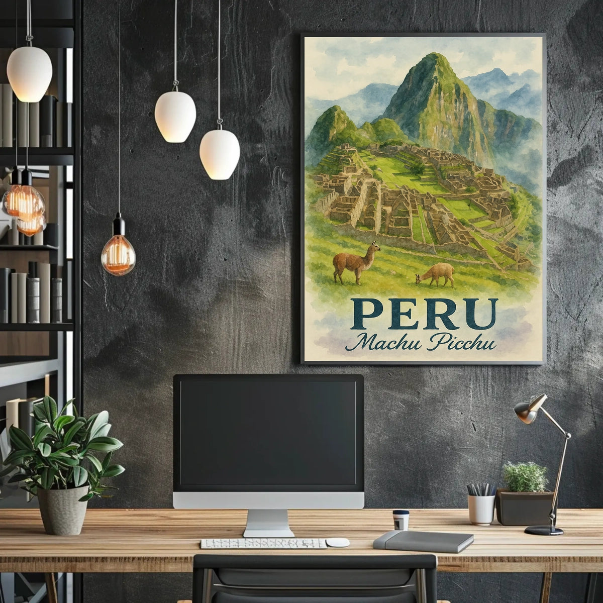 Machu Picchu Vintage Travel Poster with Llamas