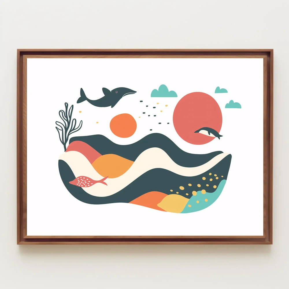 The poster features a whimsical and abstract marine scene. Central to the design Travel Poster