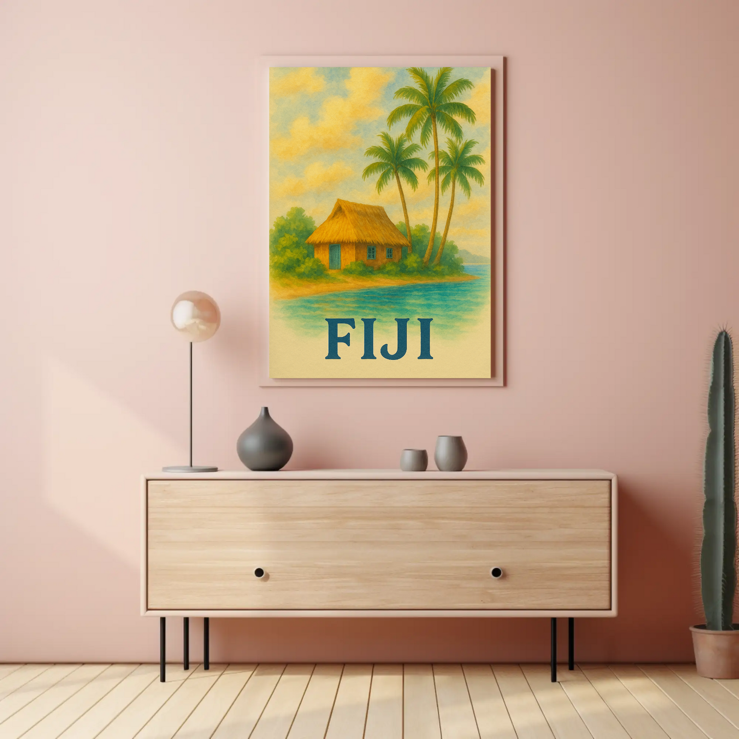 Fiji Tropical Hut Coastline Travel Poster