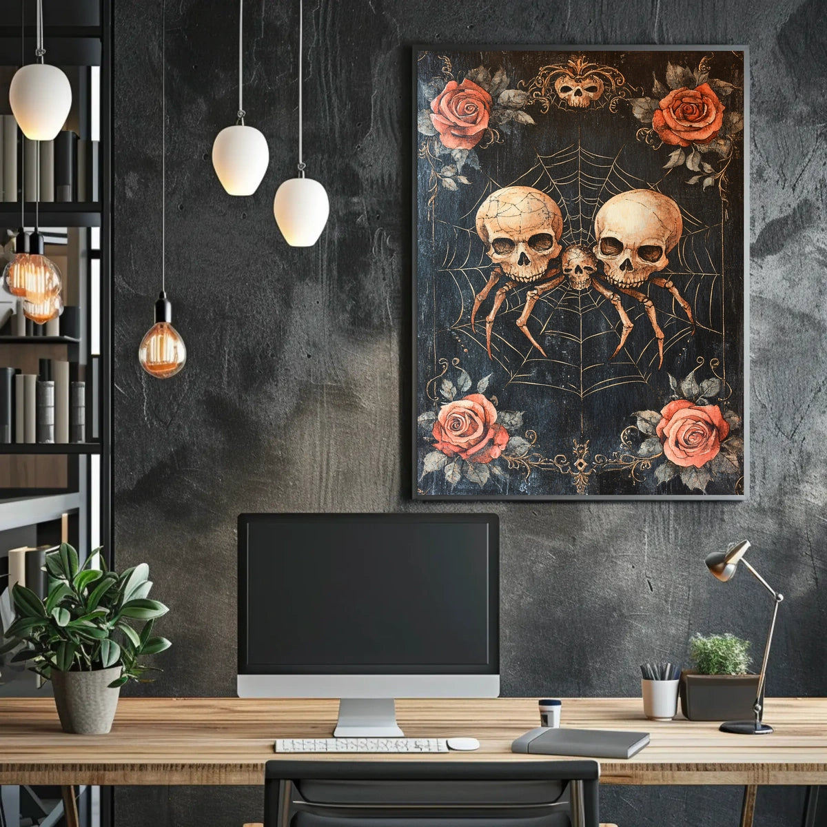 Macabre Gothic Skulls with Roses Artistic Pop Culture Poster
