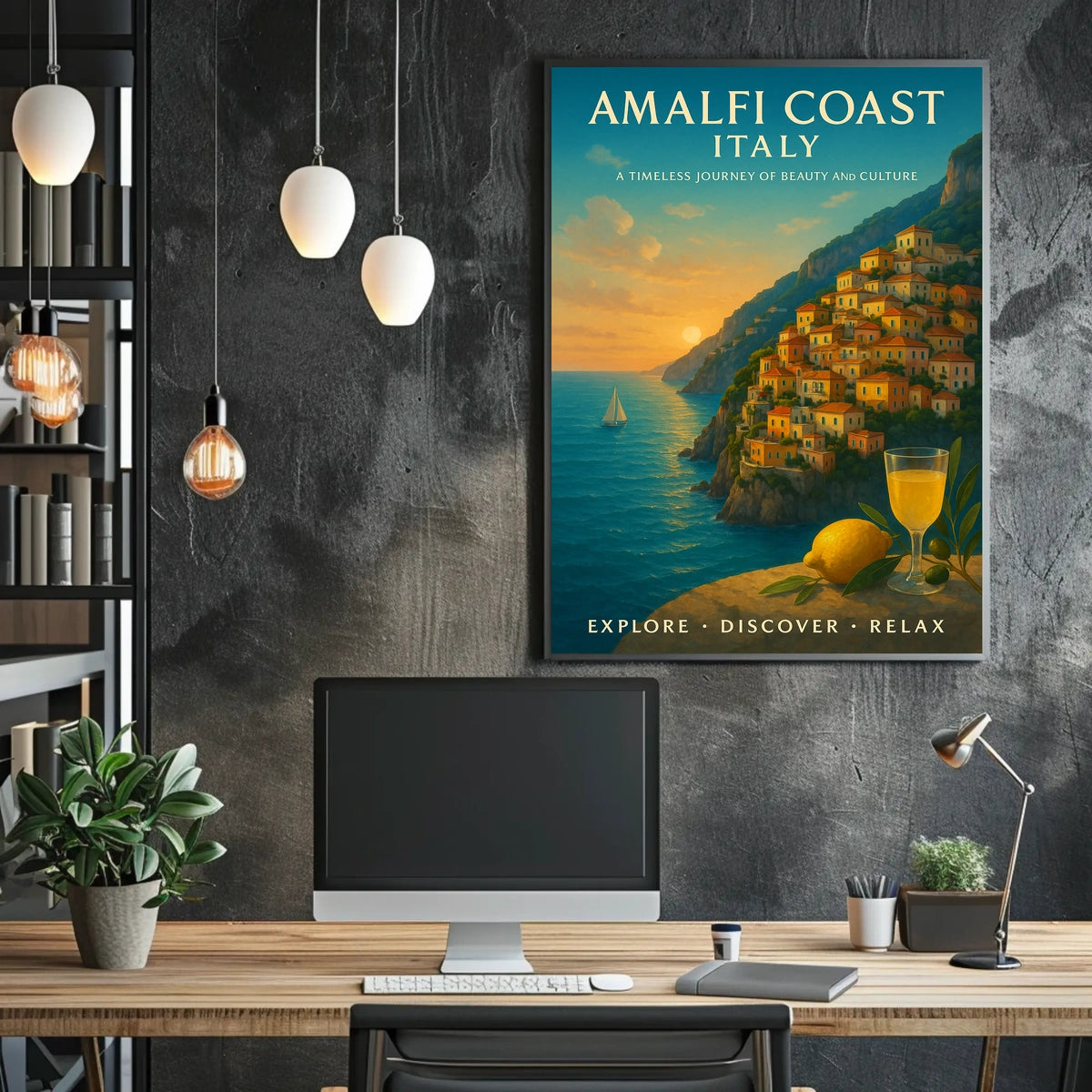 The poster showcases the Amalfi Coast in Italy, emphasizing its timeless beauty and Travel Poster