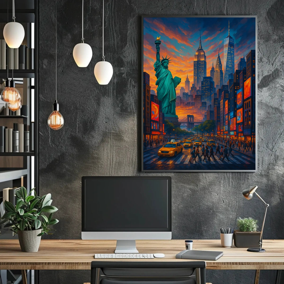 New York City Landmarks Sunset Poster Abstract Wall Art