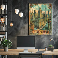 Vintage Manhattan Skyscrapers Nostalgic Urban Art Poster