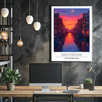 Amsterdam Canal at Sunset Vibrant Travel Poster