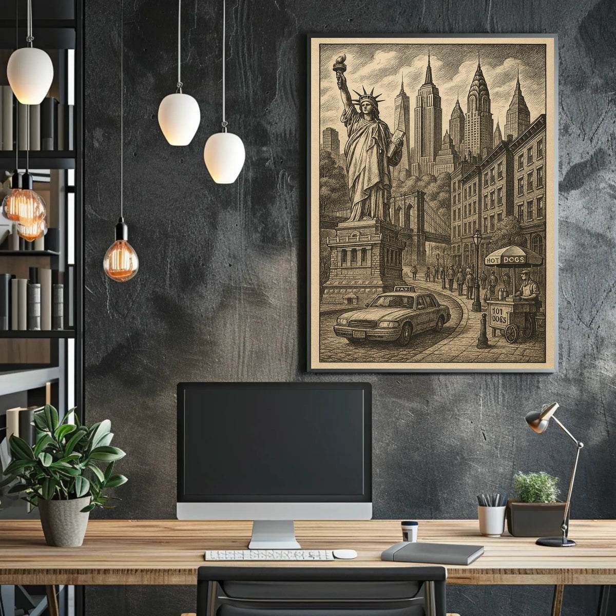 New York City Liberty Skyscrapers Poster Vintage Wall Art