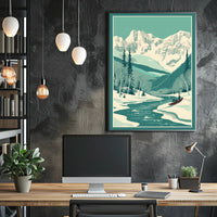 Winter Serenity: Majestic Snow-Covered Mountains and Tranquil River Poster
