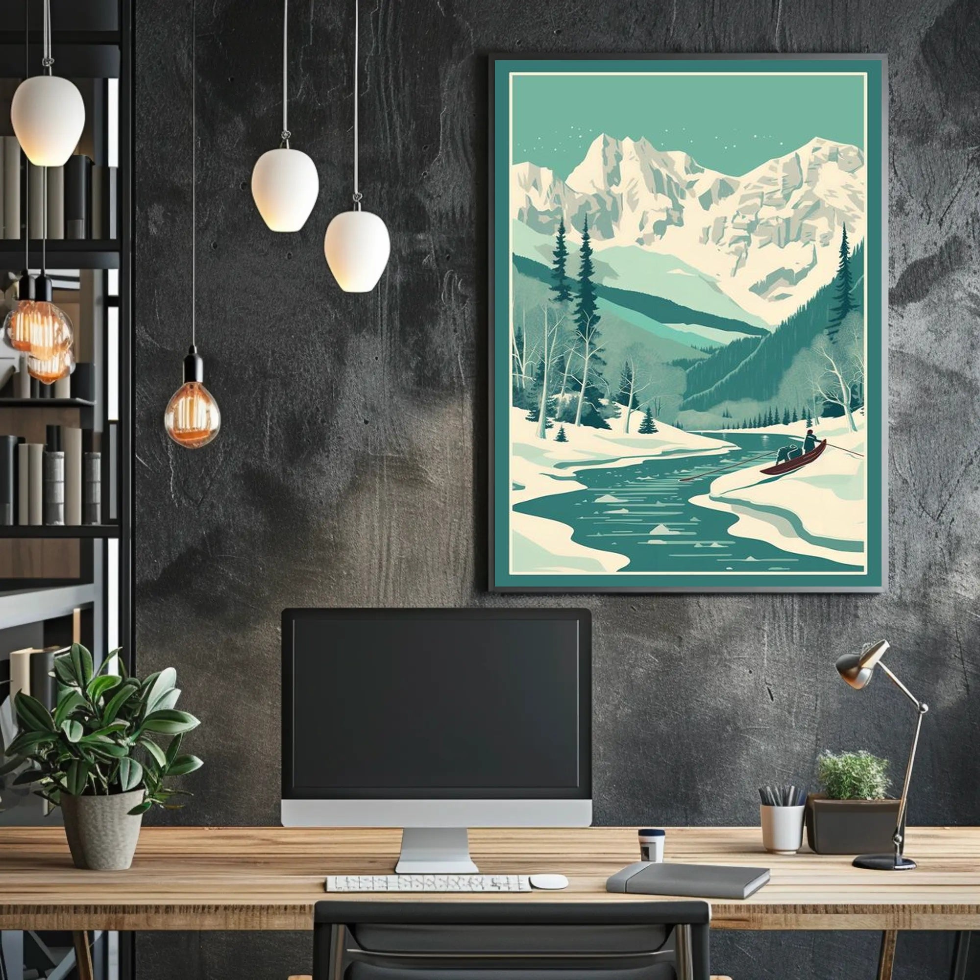 Winter Serenity: Majestic Snow-Covered Mountains and Tranquil River Poster