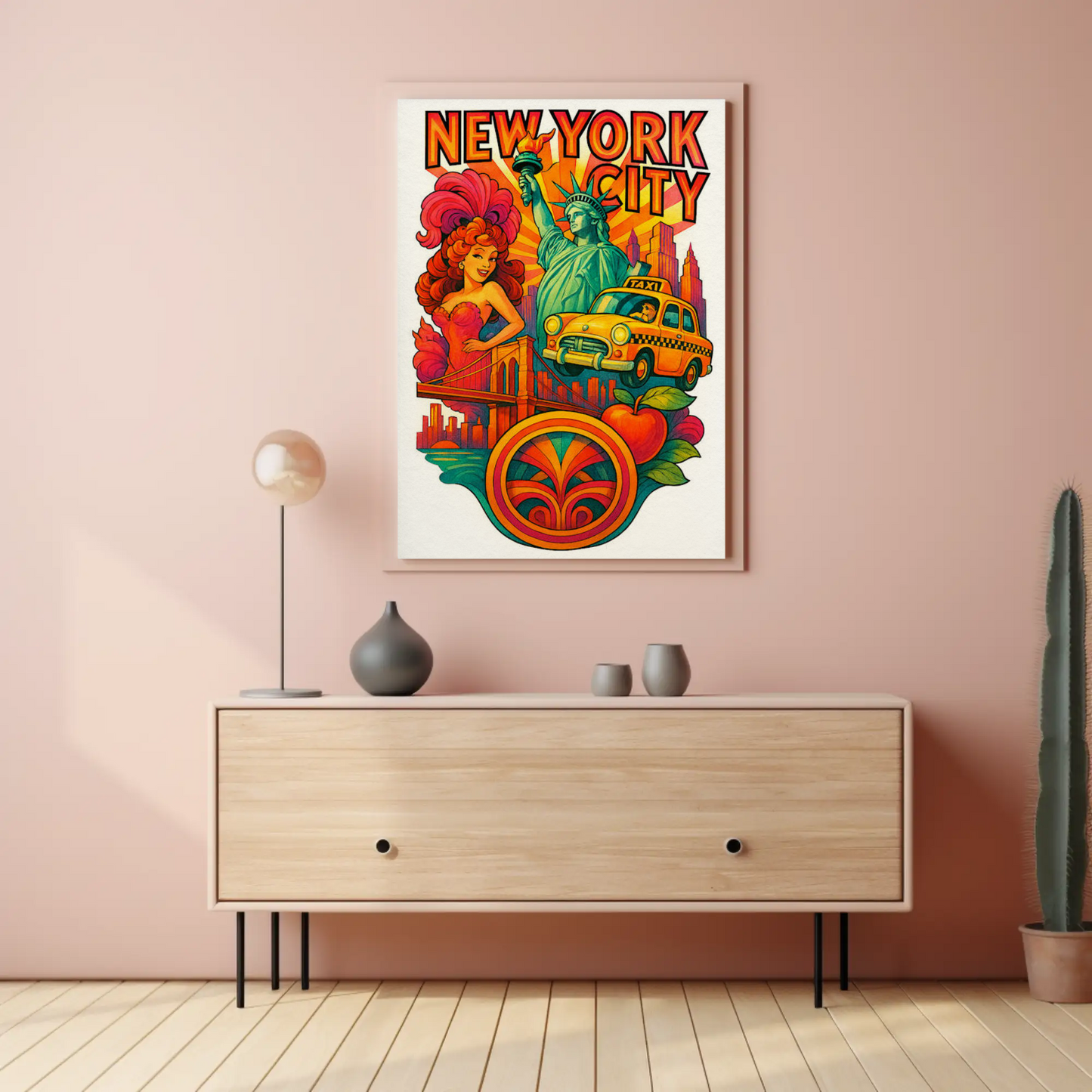 New York City Statue Brooklyn Bridge Vintage Taxi Travel Poster