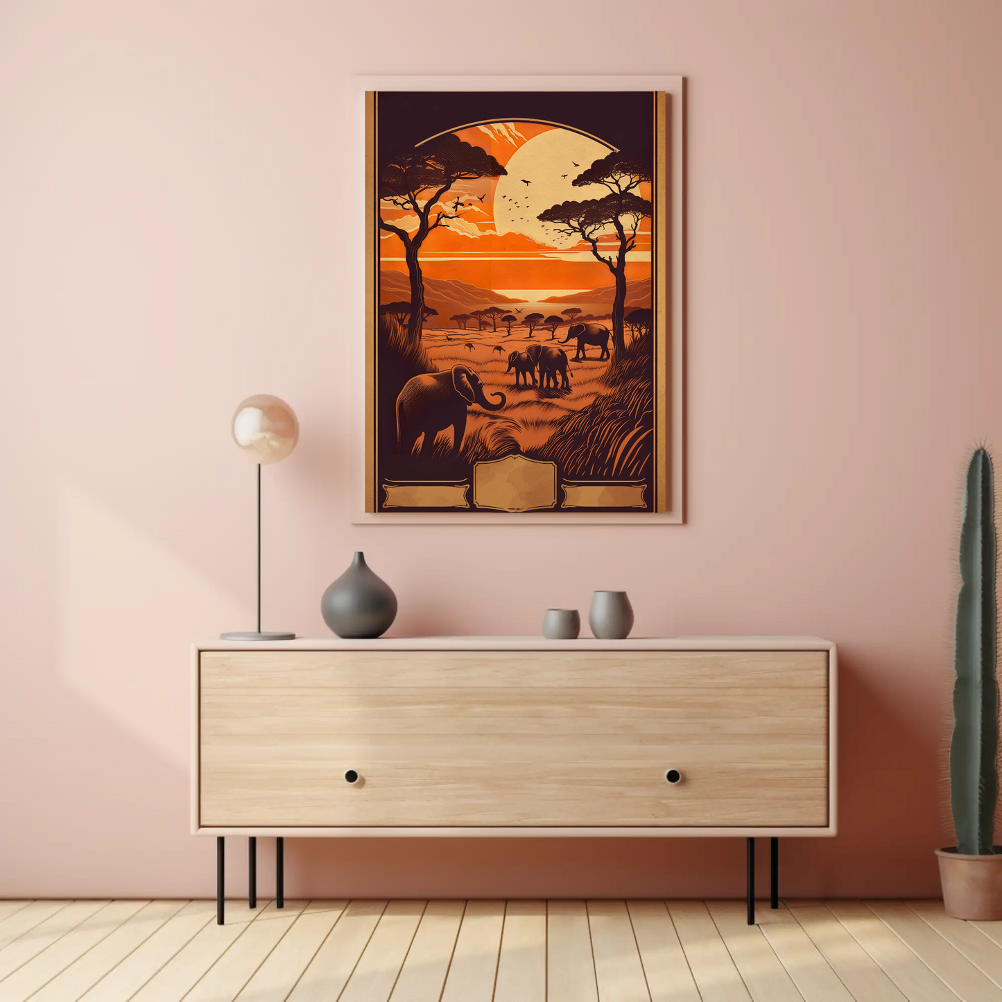 African Savanna Elephants Sunset Wildlife Travel Poster