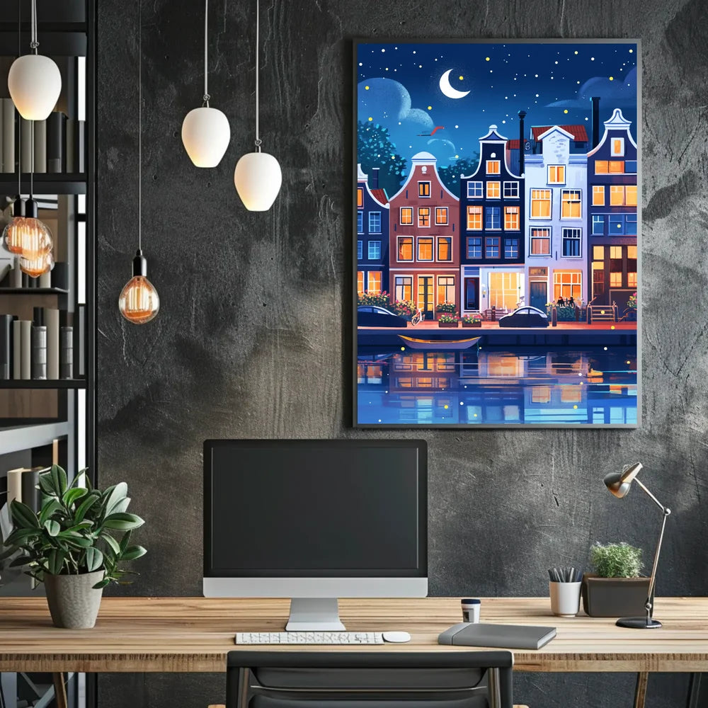Enchanting European Nightscape: Whimsical Canal Poster