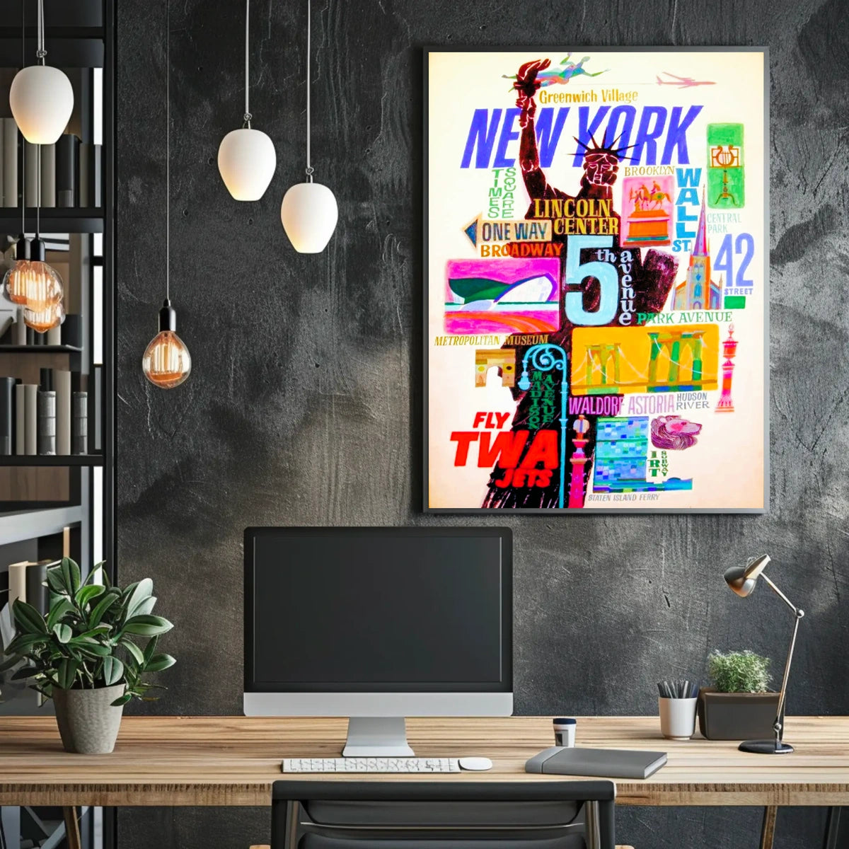 New York City Iconic Landmarks Poster Vintage Wall Art
