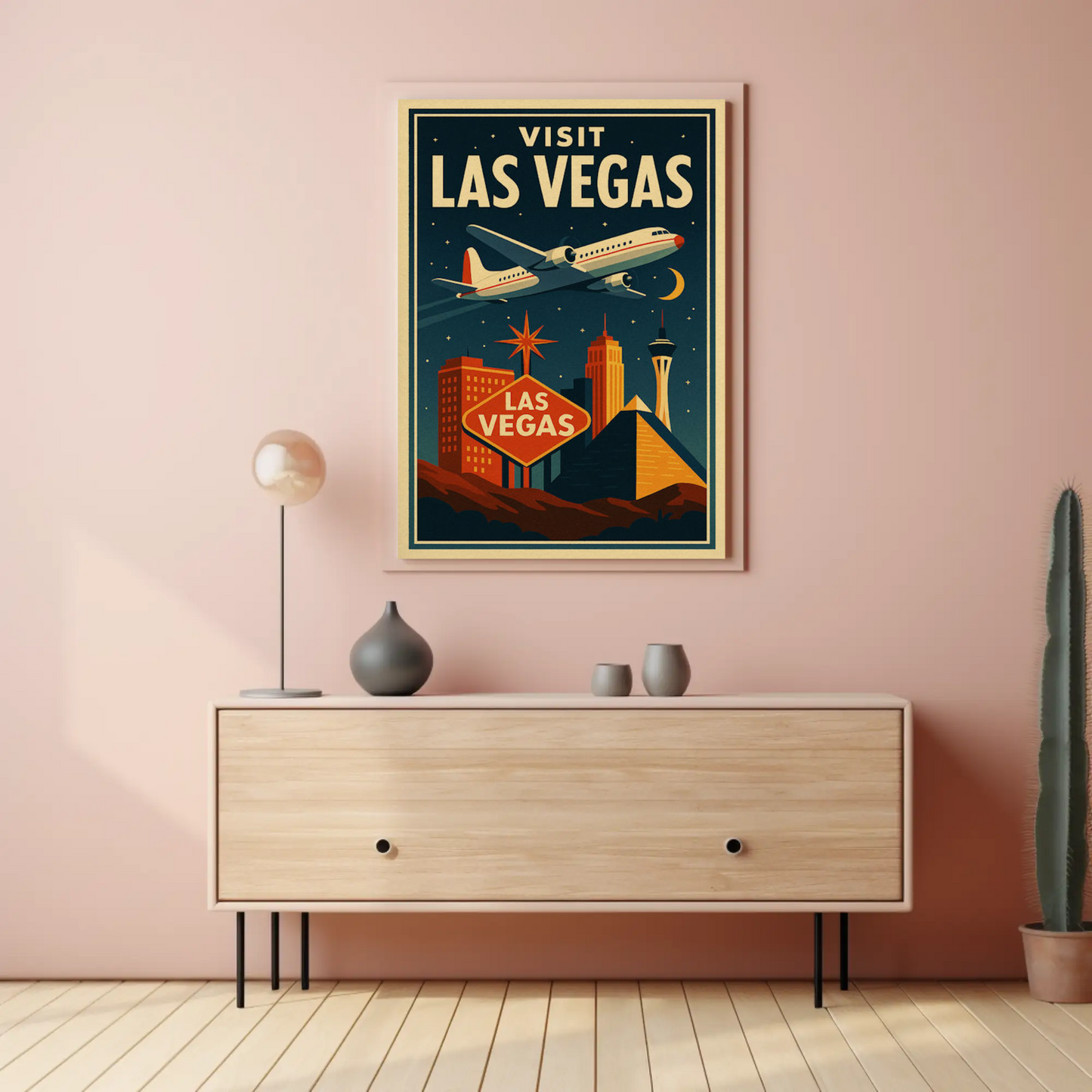 Visit Las Vegas Stylized Airliner Night Neon Glow Travel Poster