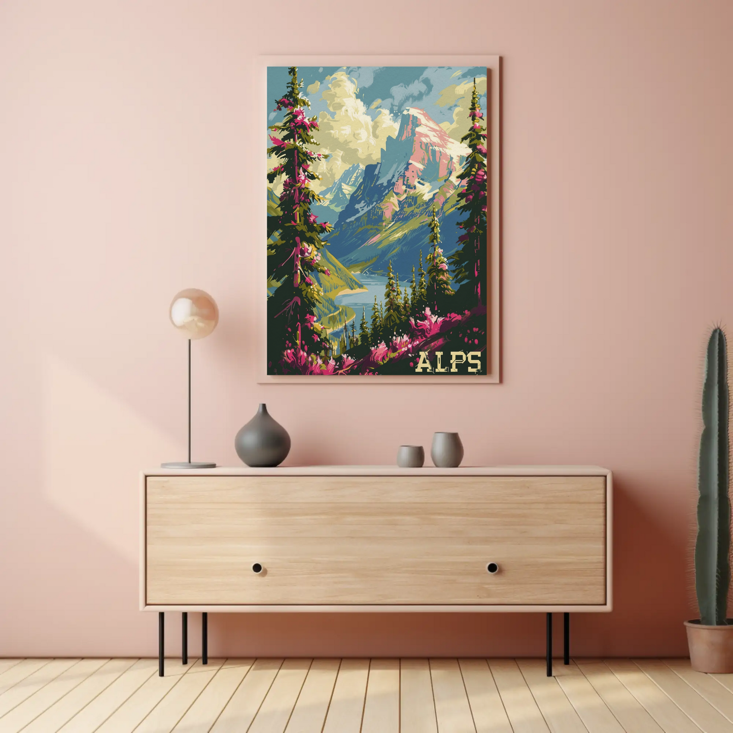 Alps Pink Flowers Lake Valley Peaks Travel Poster