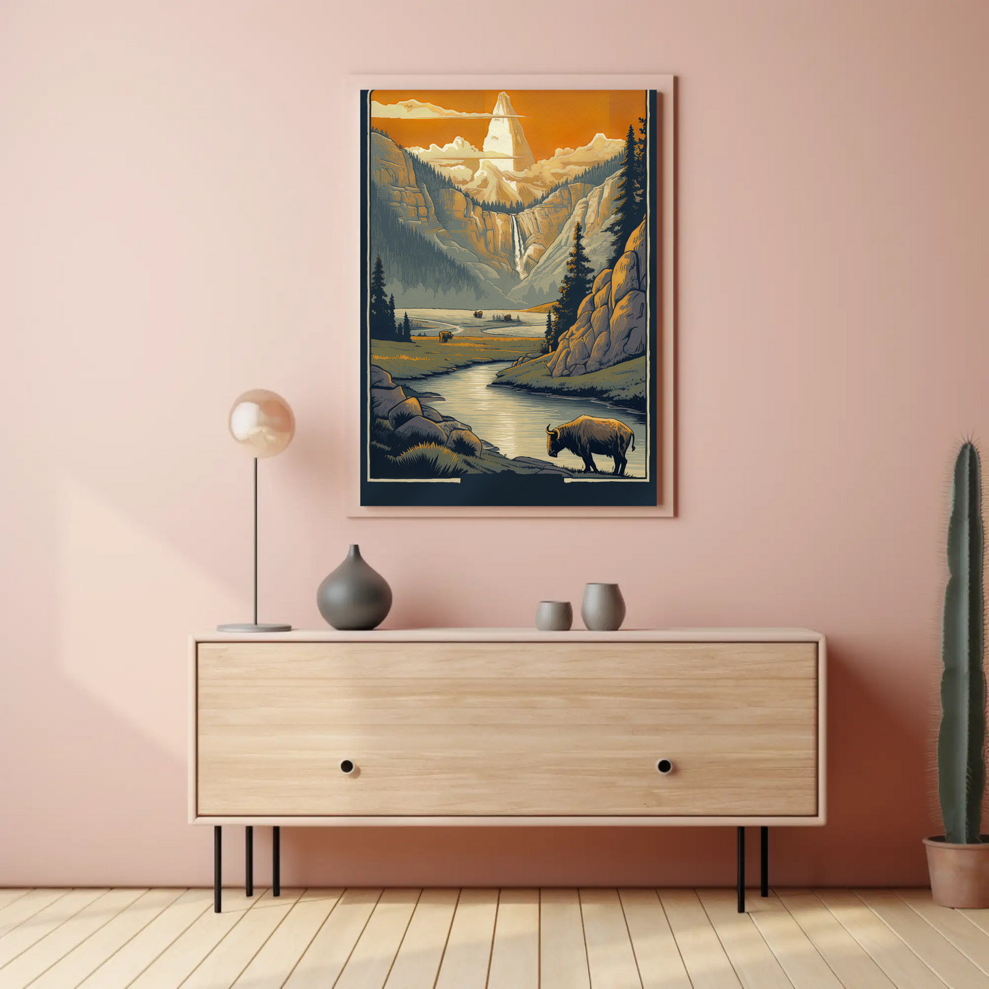 Mountain Valley Yellowstone Bison Scene Travel Poster