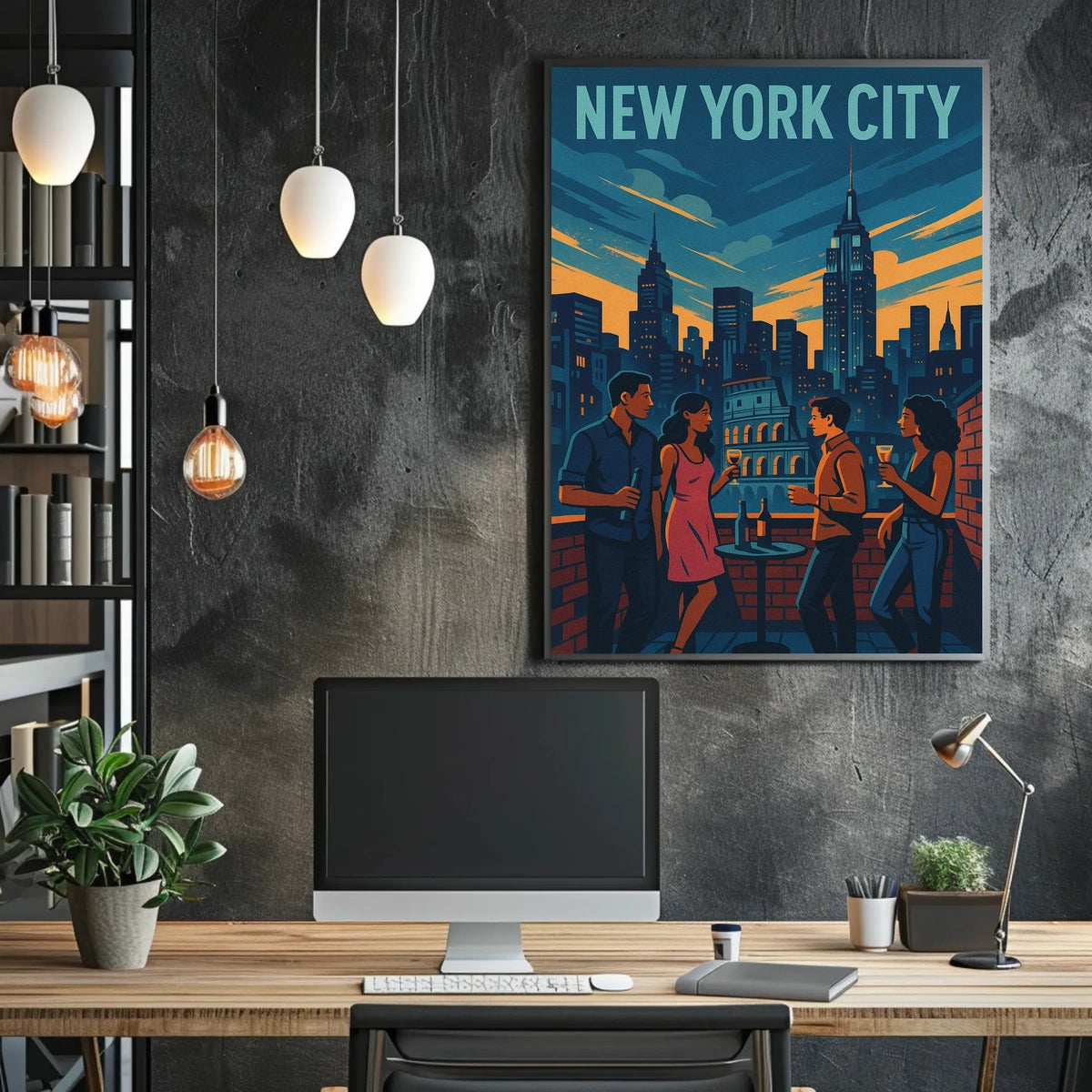 Vibrant Rooftop Cityscape Skyline Poster Modern Wall Art