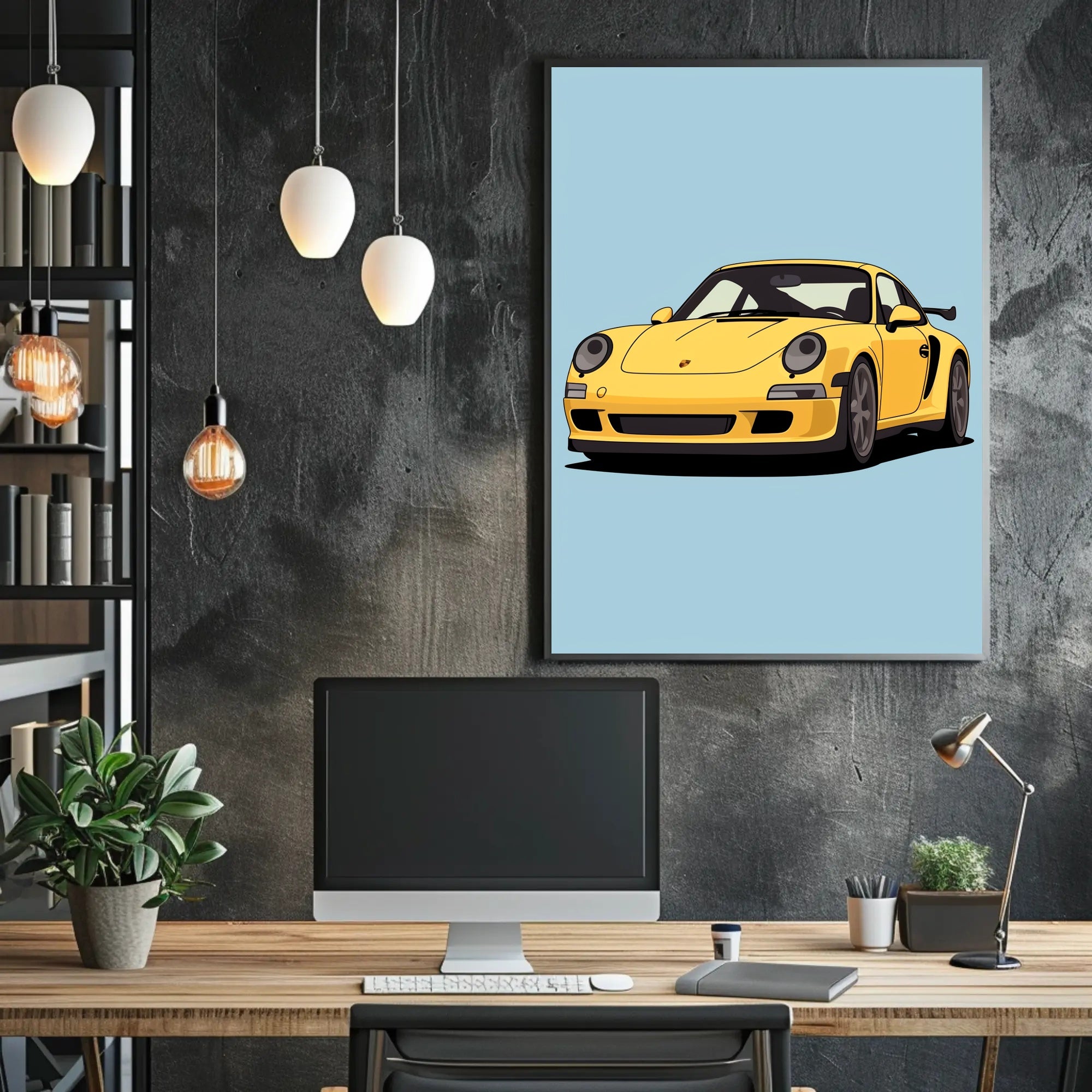 Yellow Sports Car Illustration Poster PosterGoat