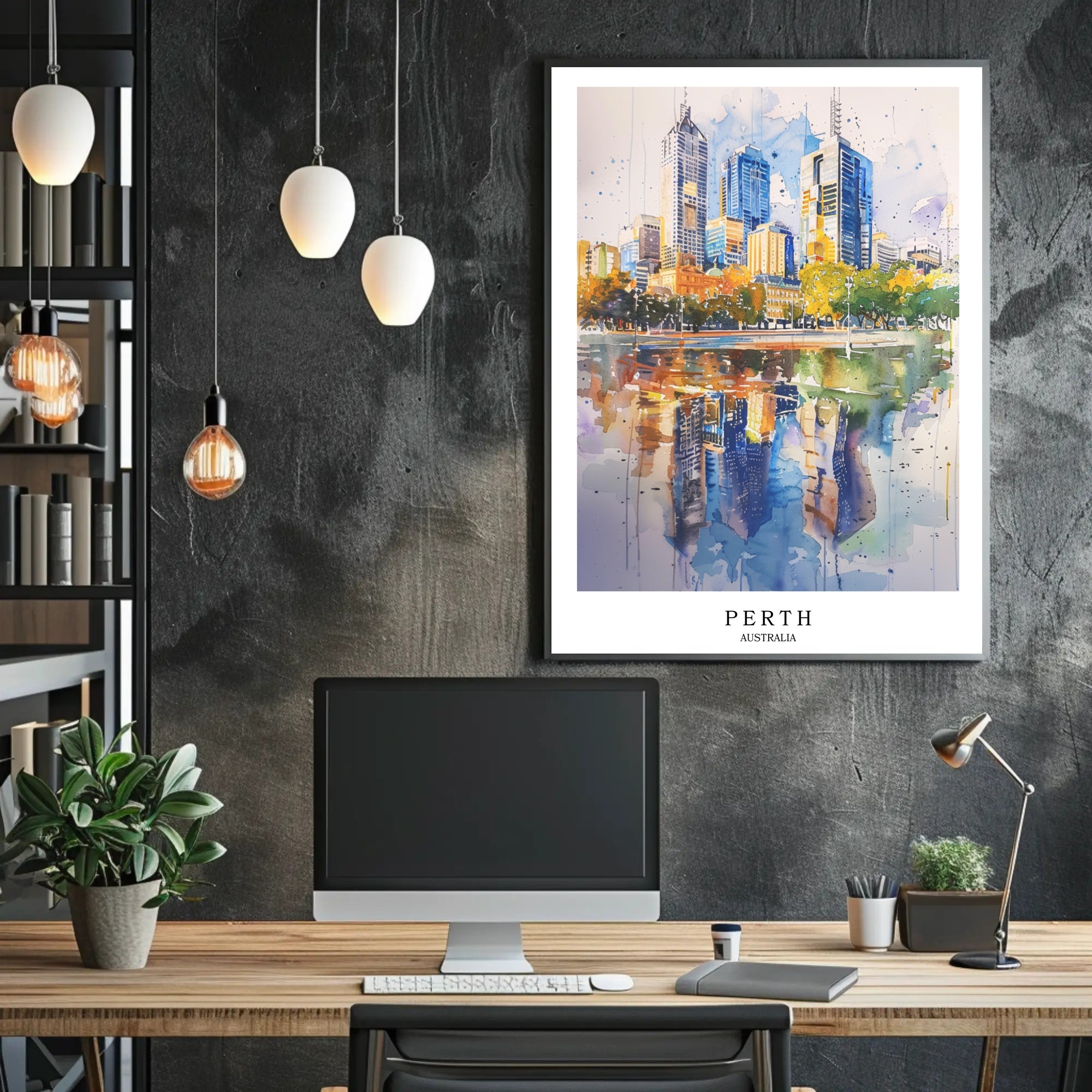Perth Skyline Watercolor Travel Poster PosterGoat