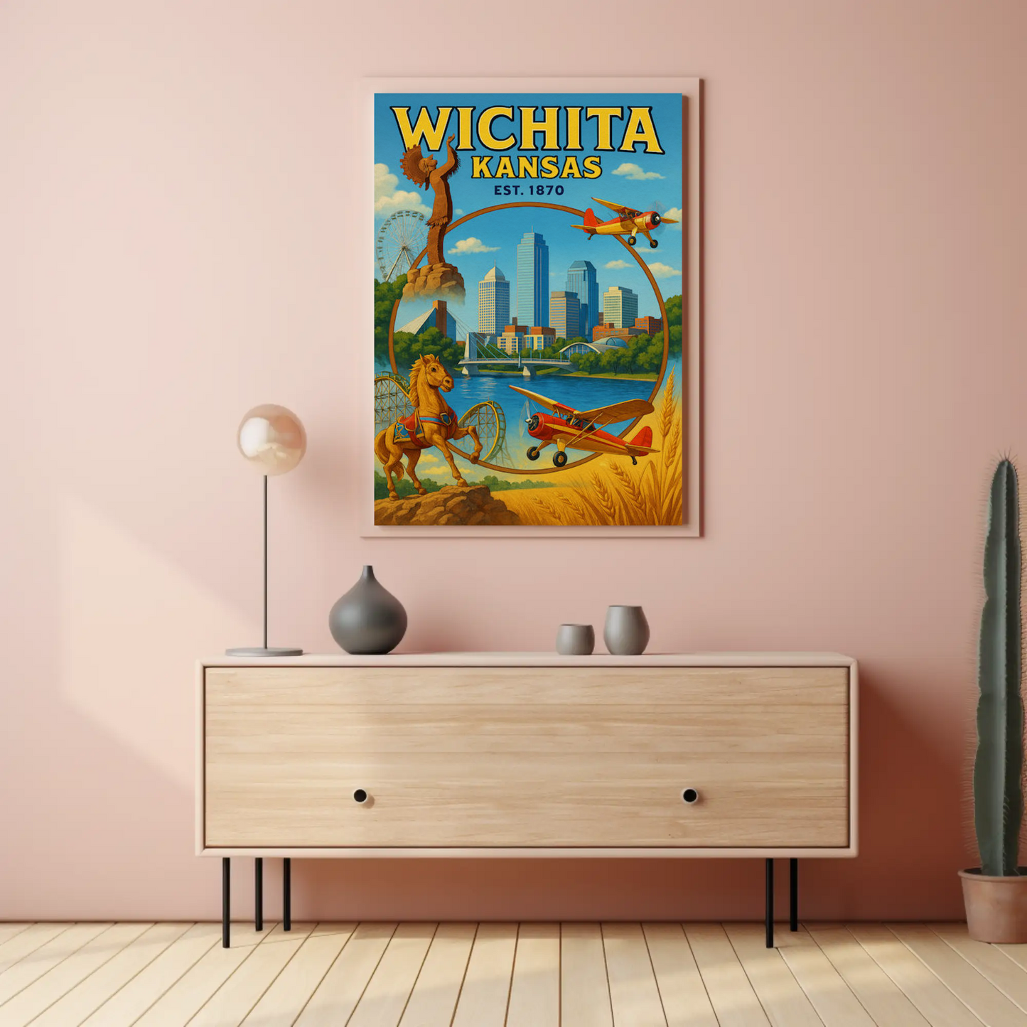 Wichita Kansas Skyline Airplane River Horse Poster Poster