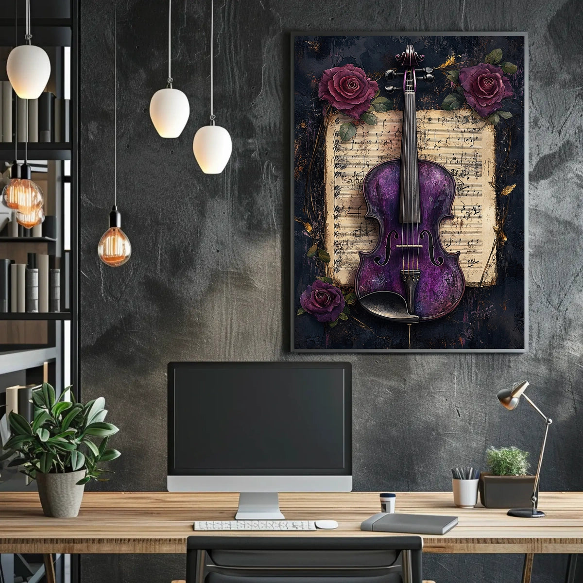Artistic Purple Violin and Flowers Abstract Poster