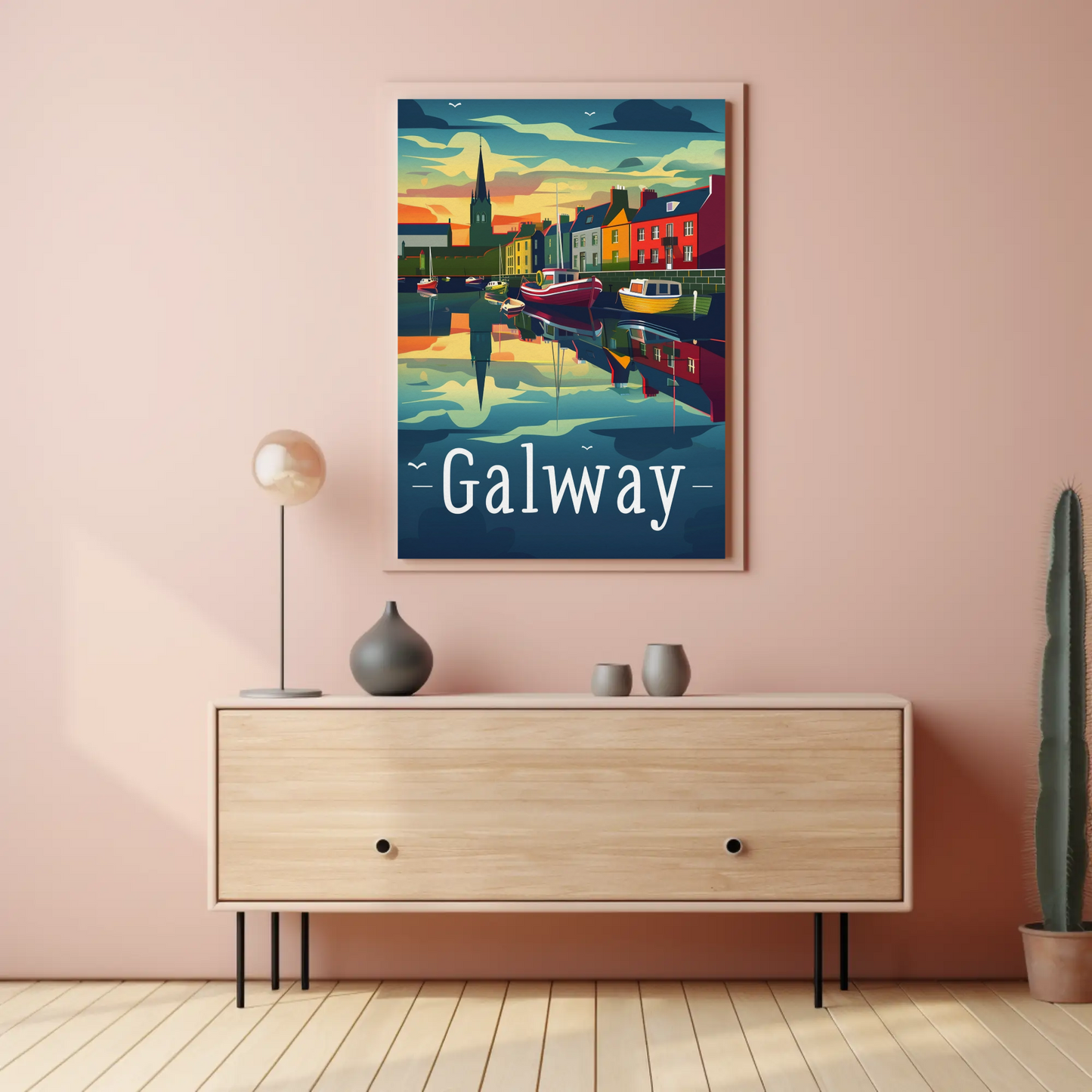 Evening Harbor Scene Galway Ireland Travel Poster