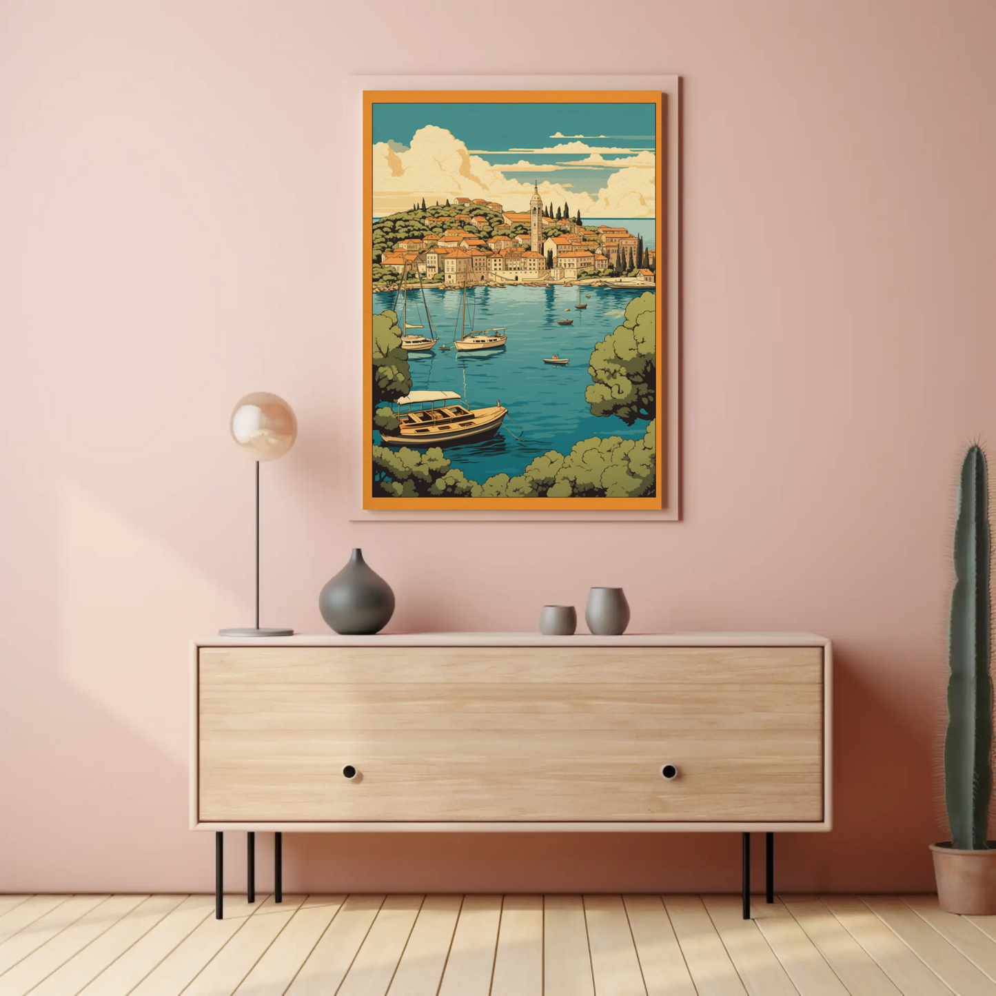 Coastal Mediterranean Village Boats Scenic Bay Travel Poster