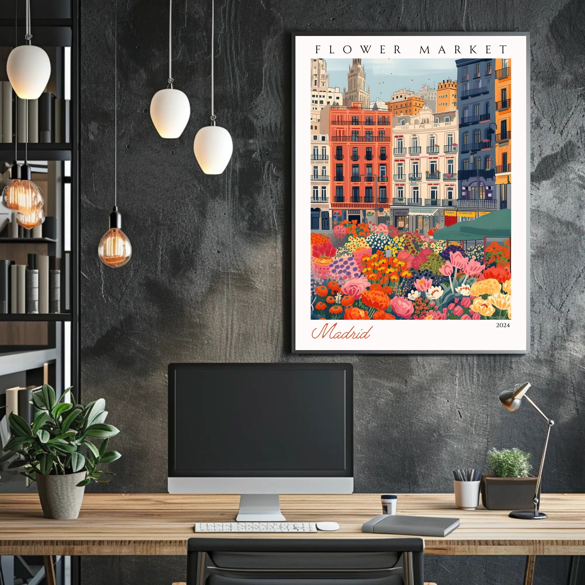 Vibrant Flower Market in Madrid Poster PosterGoat