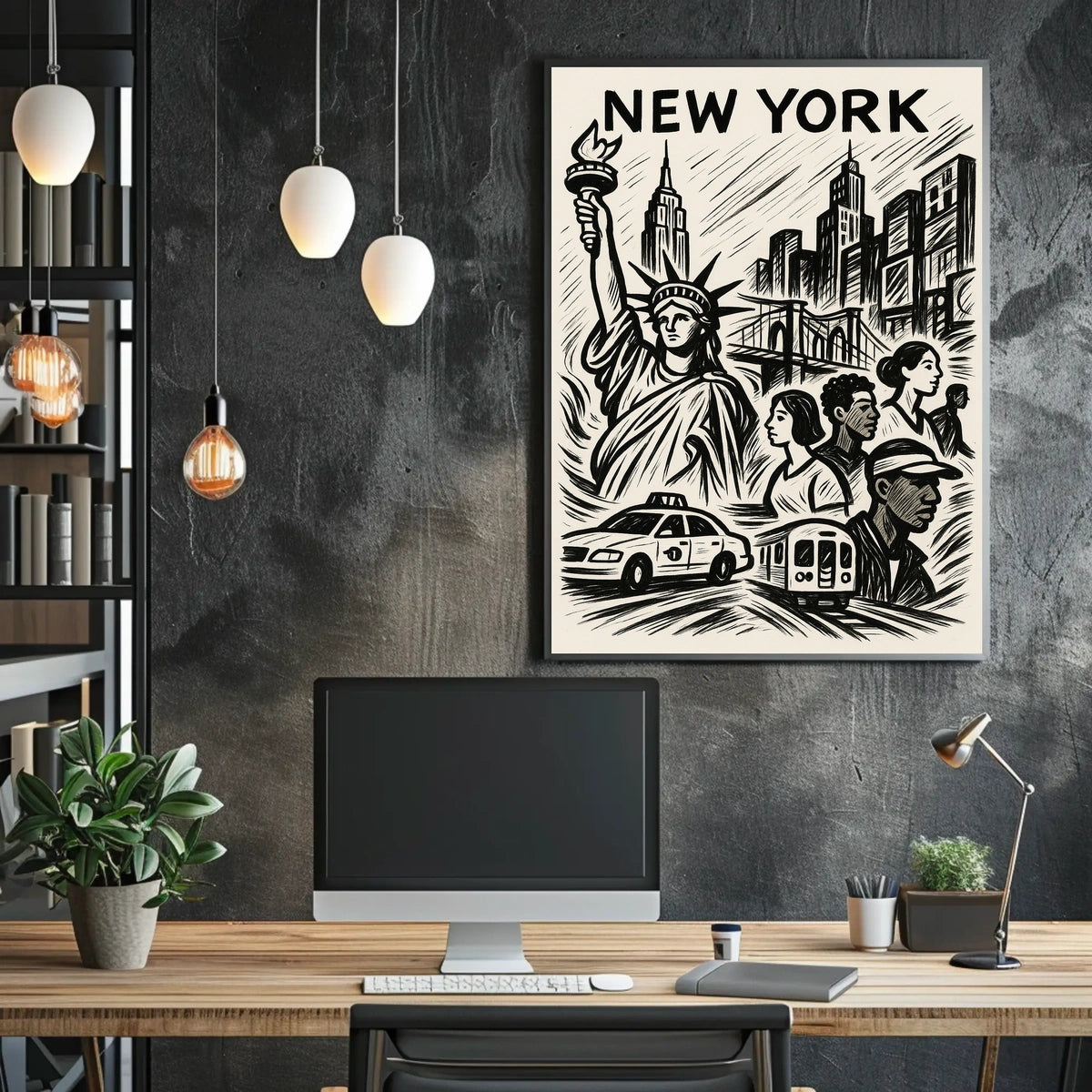 New York City Iconic Landmarks Poster Vintage Wall Art