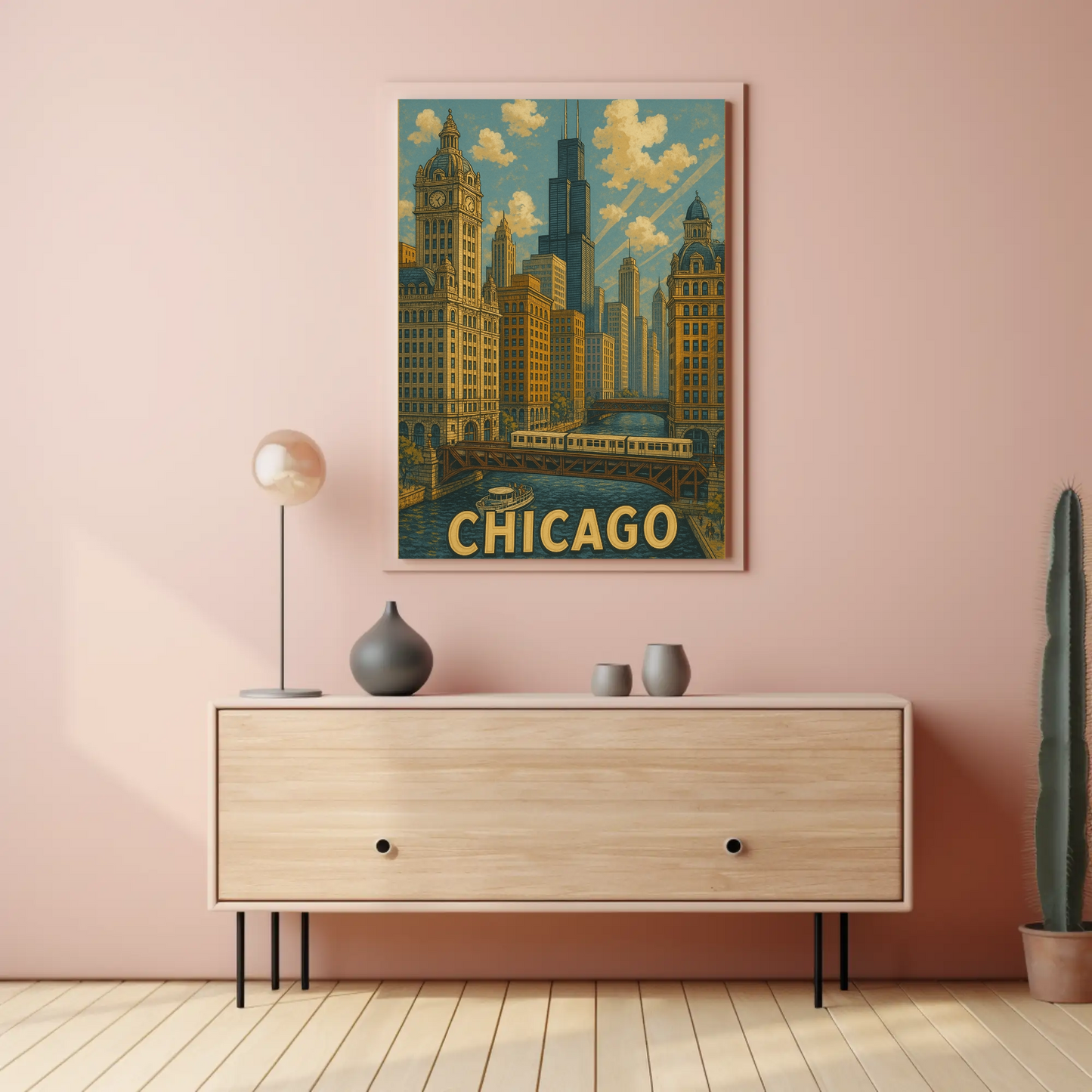 Chicago River Bridge Willis Tower Urban Travel Poster