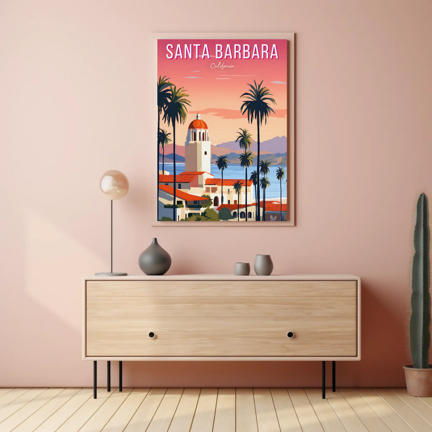 Santa Barbara California Palm Coast Sunset Travel Poster