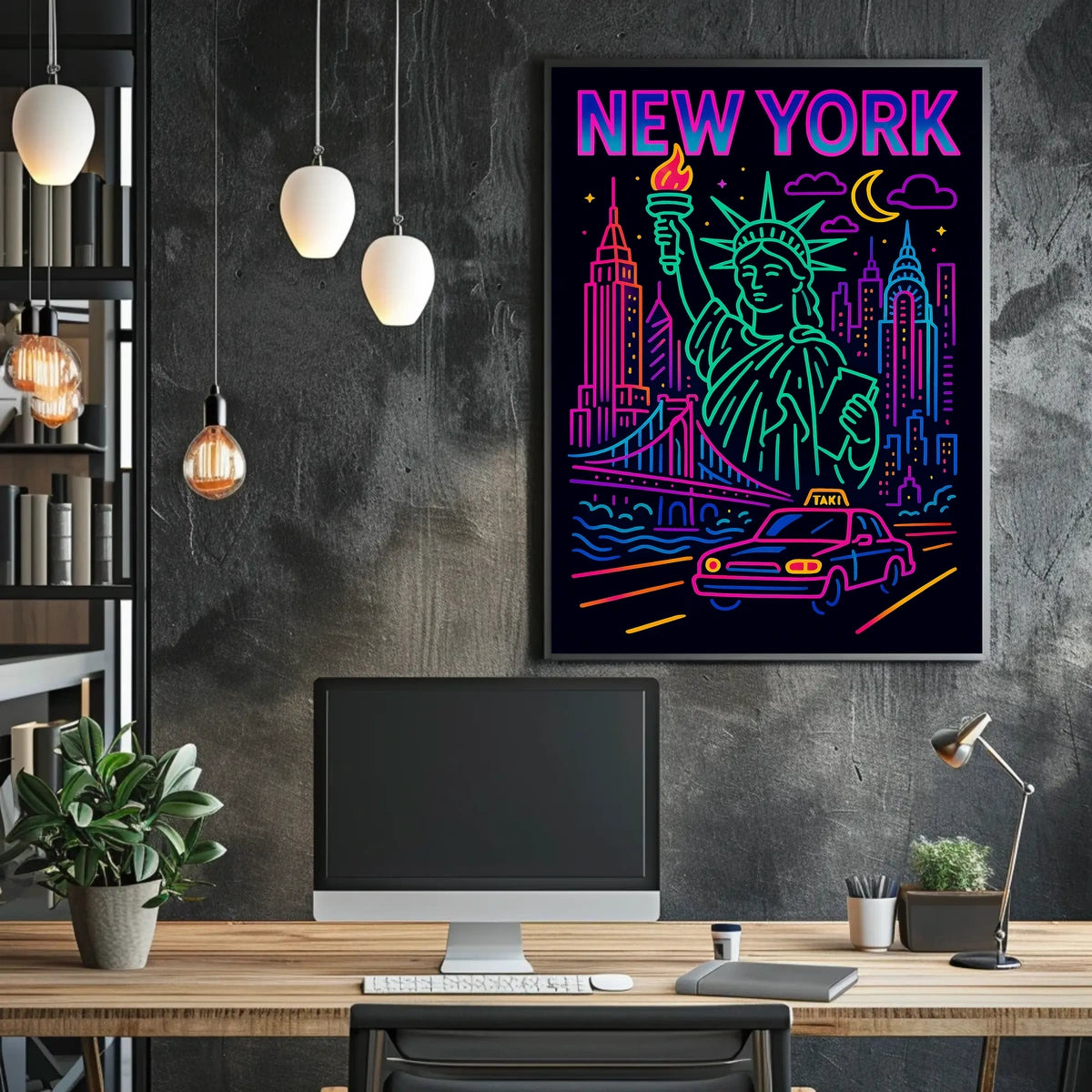 New York Neon Nightlife Cityscape Poster Modern Wall Art