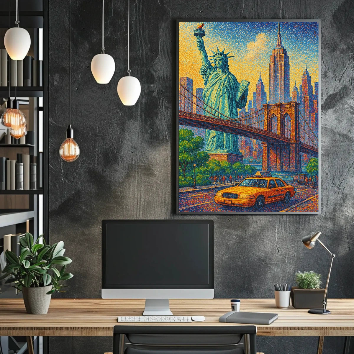 New York City Pointillist Landmarks Poster Modern Wall Art