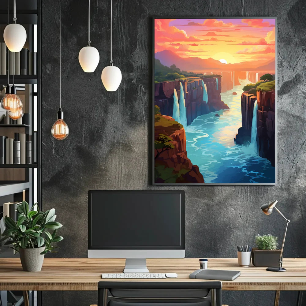 Majestic River Gorge Sunset Landscape Art Poster