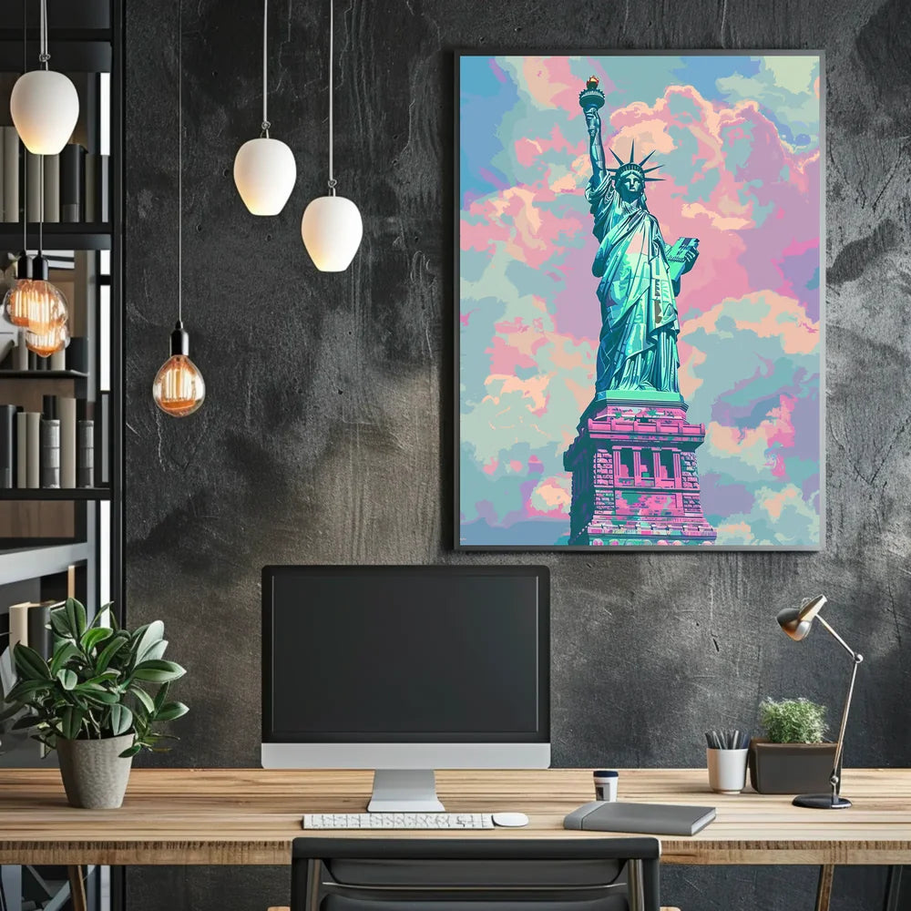 The poster features an artistic depiction of the Statue of Liberty, a symbol Travel Poster