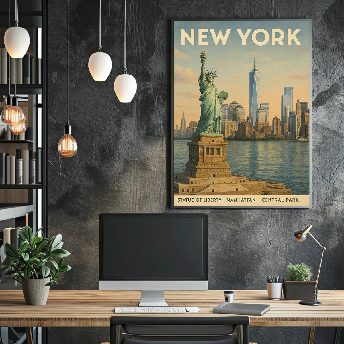 New York City Skyline Cityscape Poster Vintage Wall Art