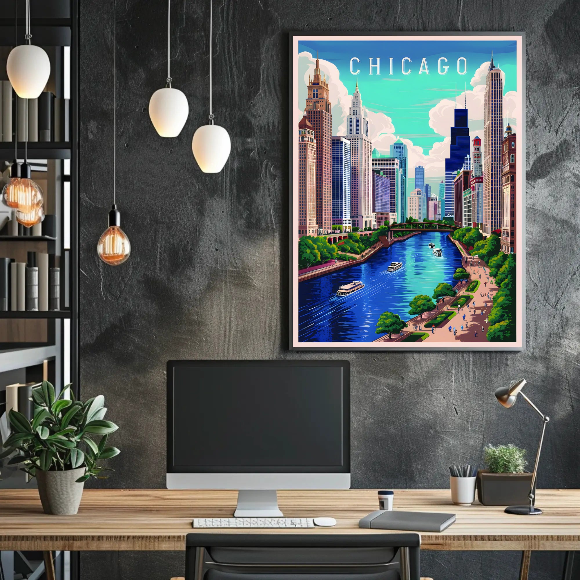 Chicago Skyline and River Poster