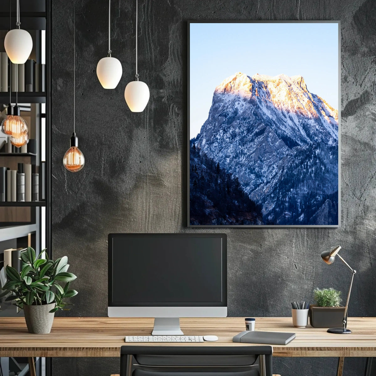 Majestic Dawn: Snow-Covered Mountain Art Poster