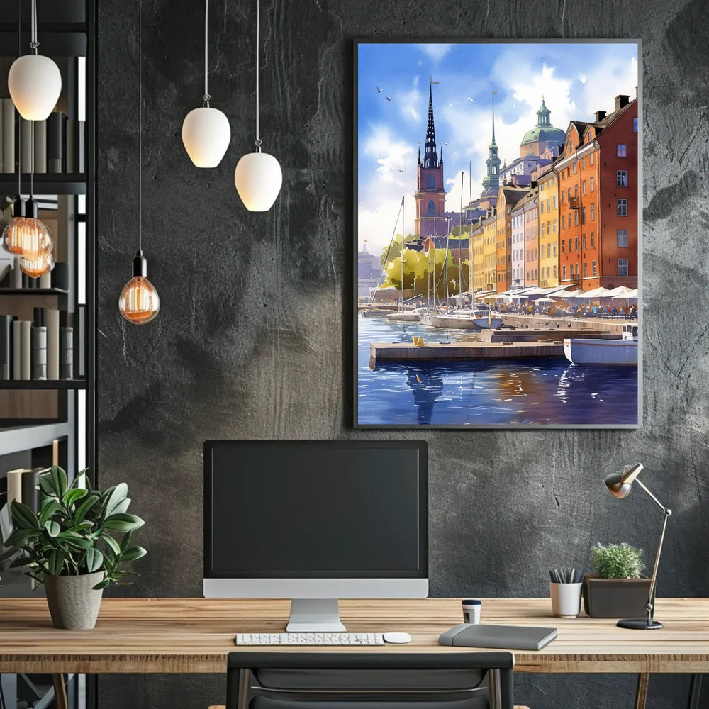 European Waterfront Scene: Vibrant Historical Cityscape Poster
